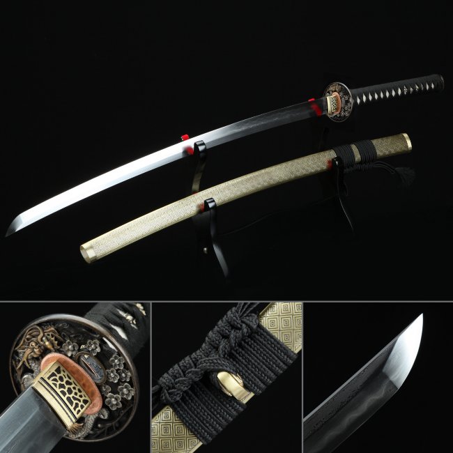 Damascus Steel Katana with Gold Hardwood Saya - Dragon Bronze Tsuba, Black Ito