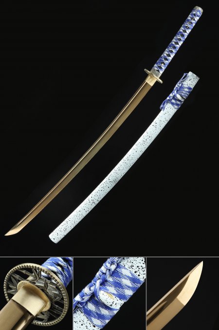 Handmade Japanese Katana Sword 1045 Carbon Steel With Golden Blade And White Scabbard