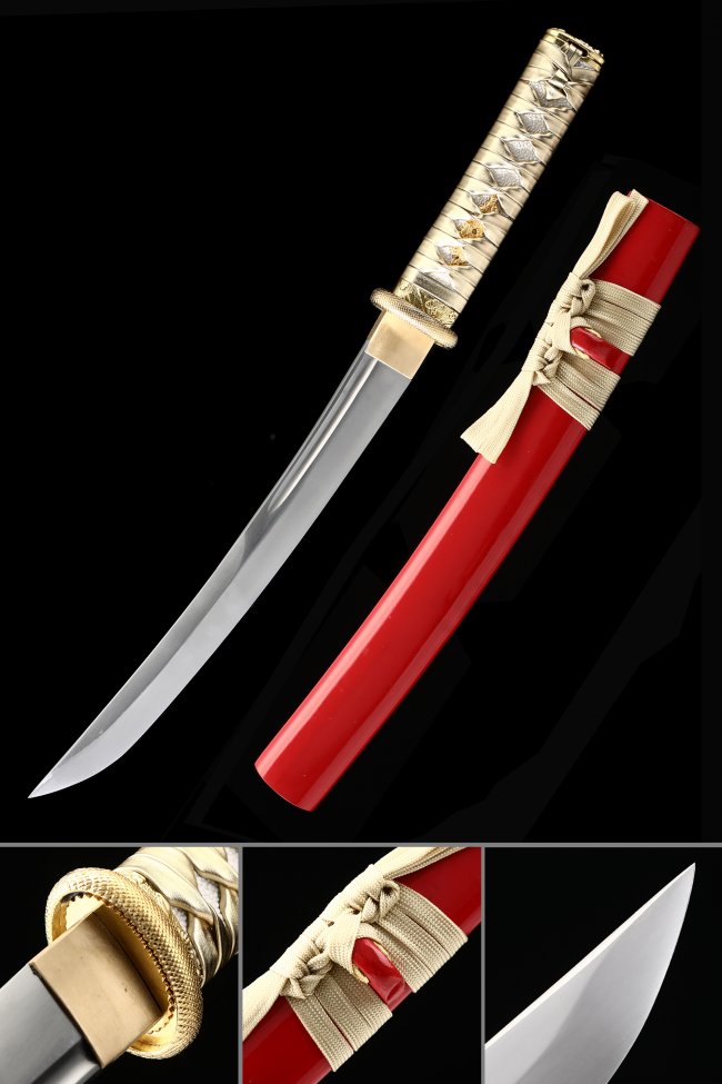 1090 Carbon Steel Tanto with Red Piano-Lacquer Saya - White Ito Gold Alloy Fittings