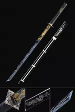 Handmade Japanese Straight Sword With Blue Lightning Blade