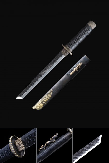Full Handmade Han Dynasty Retro Theme Hand Forged Black Straight Tanto Sword