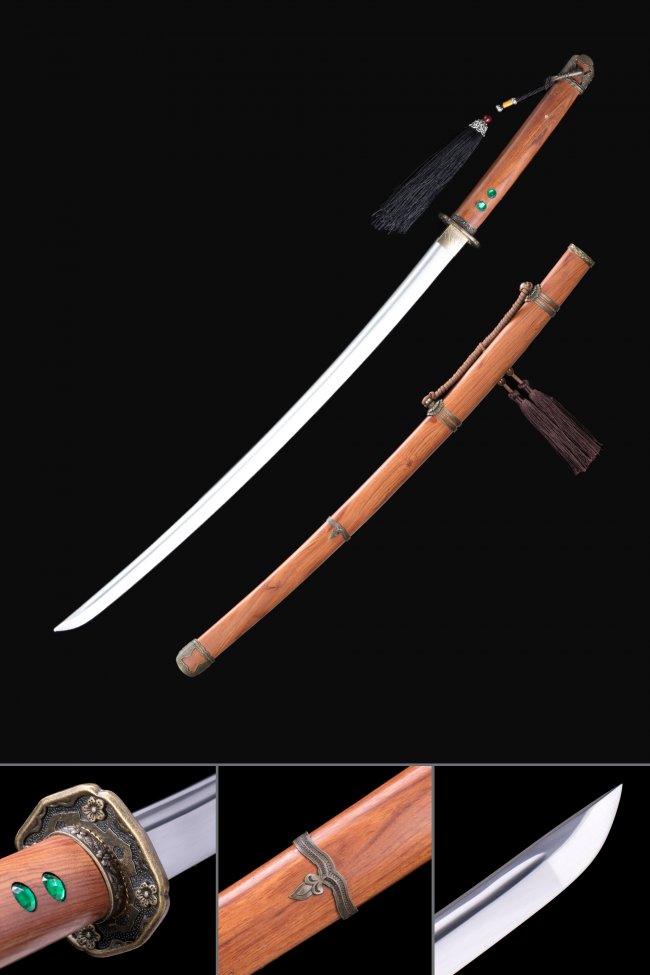 WWII Shin Gunto Type 97 Katana in Natural Hardwood Saya - Manganese Steel, Bronze Chrysanthemum Tsuba