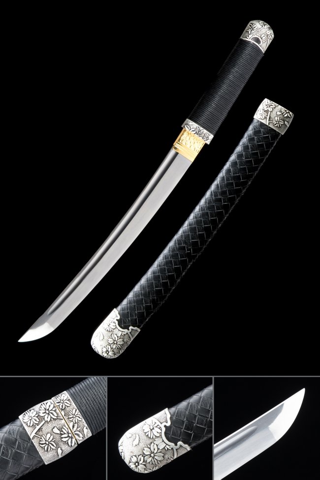 Manganese Steel Tanto in Black Leather Saya with Cherry Blossom Silver-Gold Tsuba