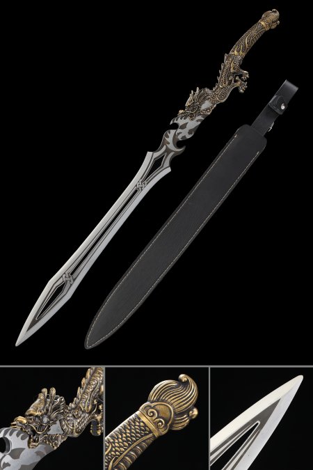 Handmade Fantasy Sword With Dragon Handle And Leather Saya