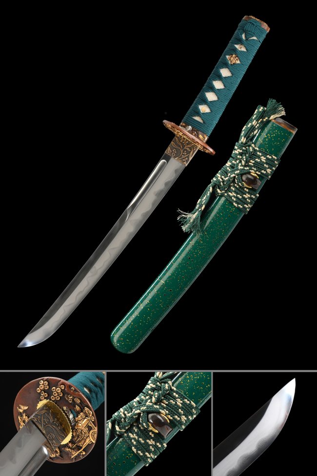 Damascus Steel Tanto with Green Lacquer Saya - Bronze Tsuba, Teal Cord Handle, Real Hamon