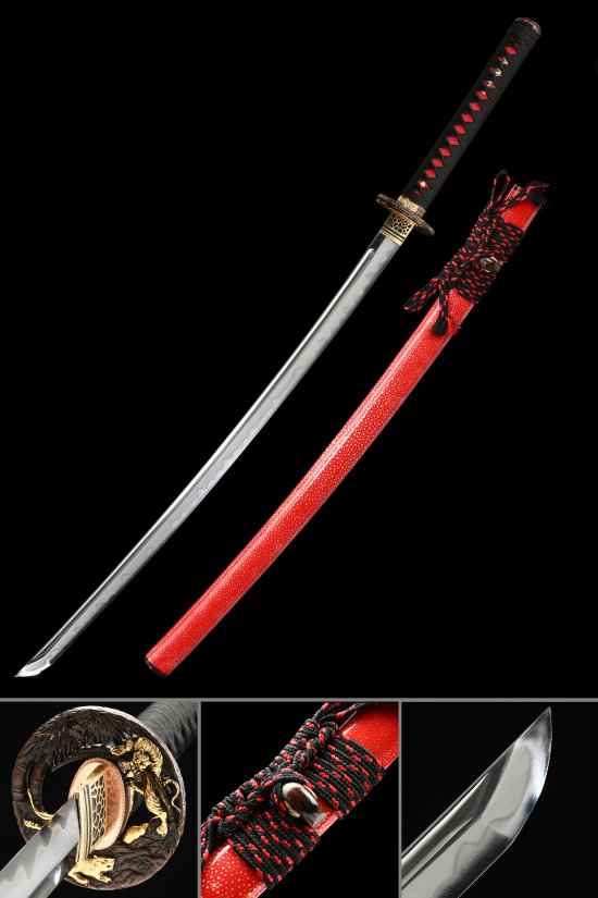 Tiger Tsuba T10 Carbon Steel Katana, Full Tang, Hand Forged & Red Saya