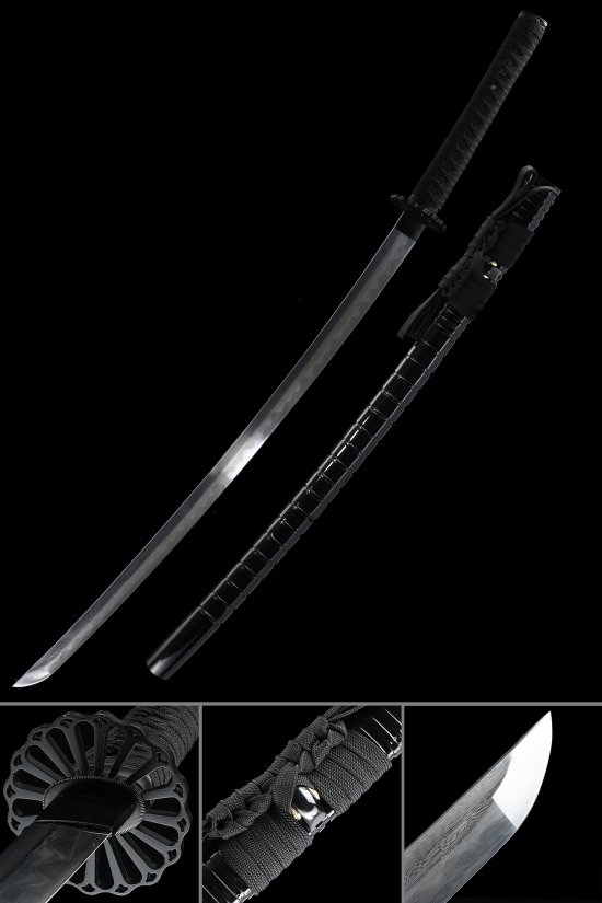 Damascus Steel Katana with Iron Chrysanthemum Tsuba - Black Hardwood Saya, Full Tang Blade