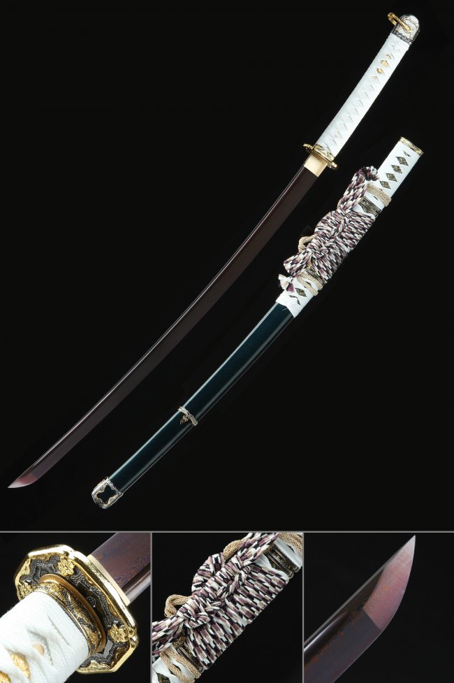 Damascus Steel Tachi Sword Dark Red Blade with Dark Green Saya & White Tsuka - Chrysanthemum Tsuba