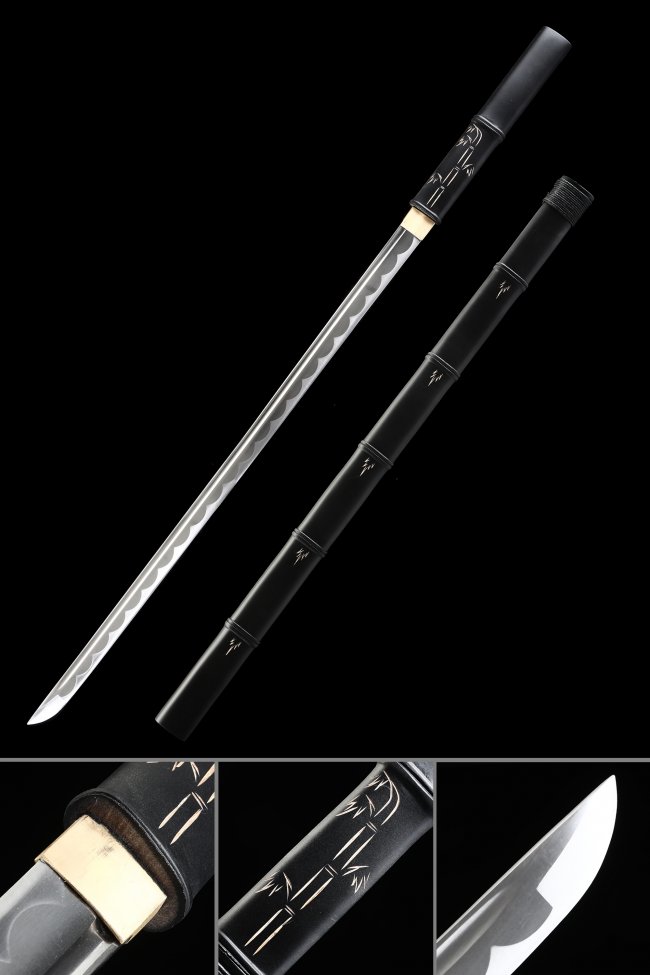 Full Tang 1045 Carbon Steel Ninjato, Black Bamboo Saya & Black Tsuka