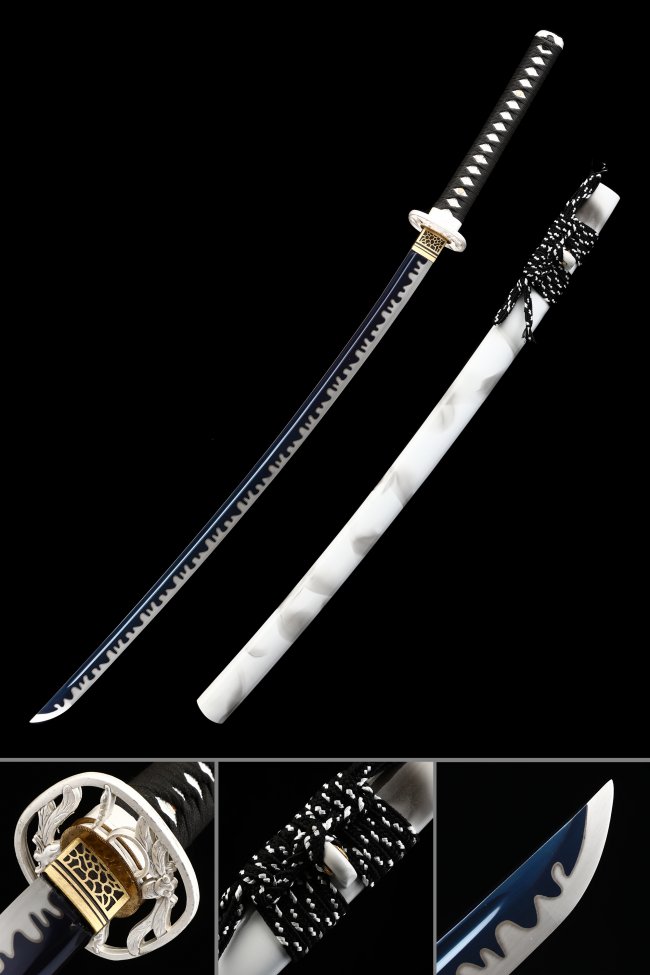 Blue Blade Katana in White Saya with Phoenix Tsuba - High Manganese Steel, Wave Hamon