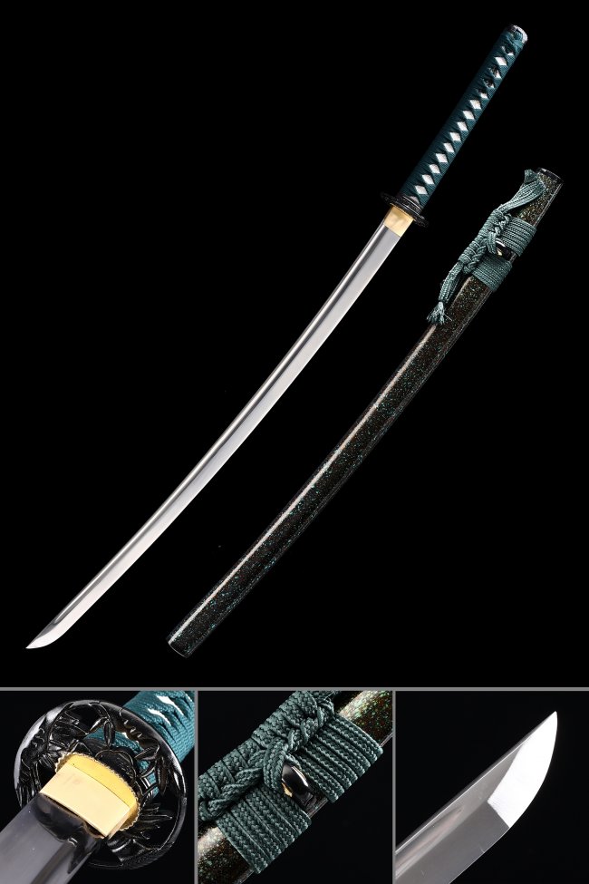 Manganese Steel Katana with Black Lacquer Saya in Teal Cord Wrap - Flower Tsuba Collectible