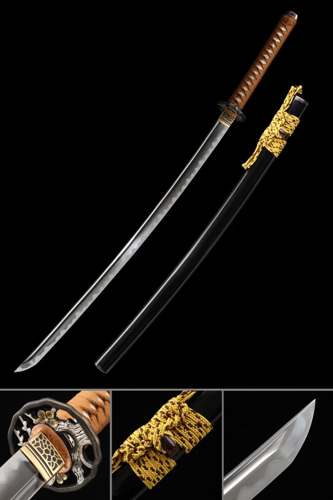 Damascus Steel Katana with Real Hamon in Black Lacquer Saya - Brown Ito, Gold-Black Flower Tsuba
