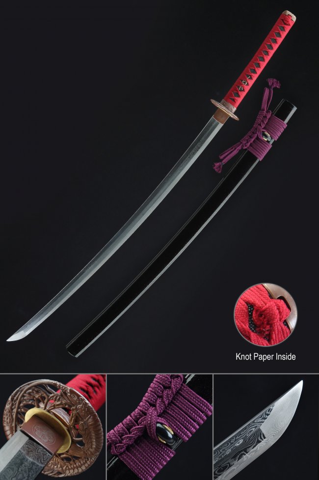 Damascus Steel Katana with Red Tsuka, Black Lacquer Saya in Purple Sageo & Dragon Tsuba