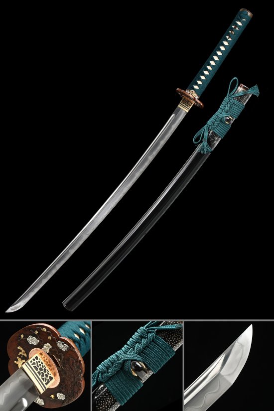 Manganese Steel Katana with Hamon in Teal Ito, Chrysanthemum Tsuba & Black Lacquer Saya