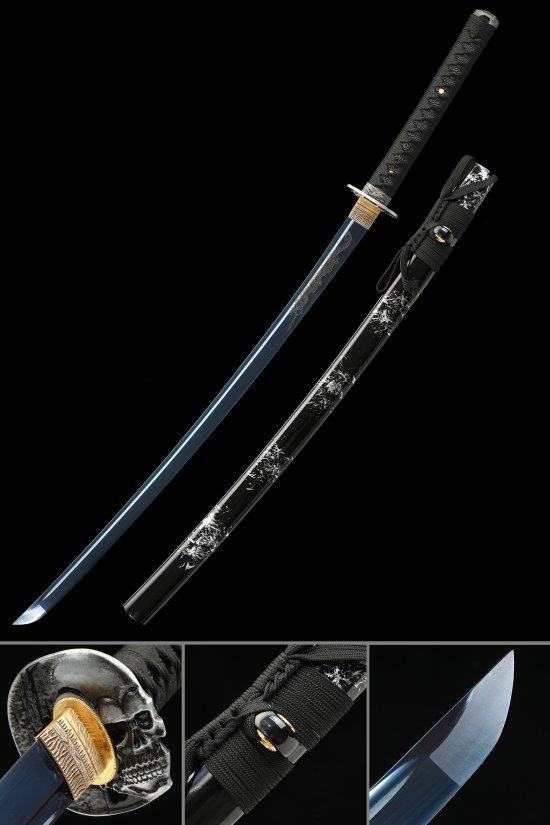 1060 Carbon Steel Blue Blade Katana with Skull Tsuba in Black Lacquered Saya - Full Tang Collectible Sword