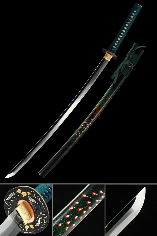 Crane Tsuba T10 Carbon Steel Katana, Real Hamon, Hand Forged & Dark Green Dragon Saya