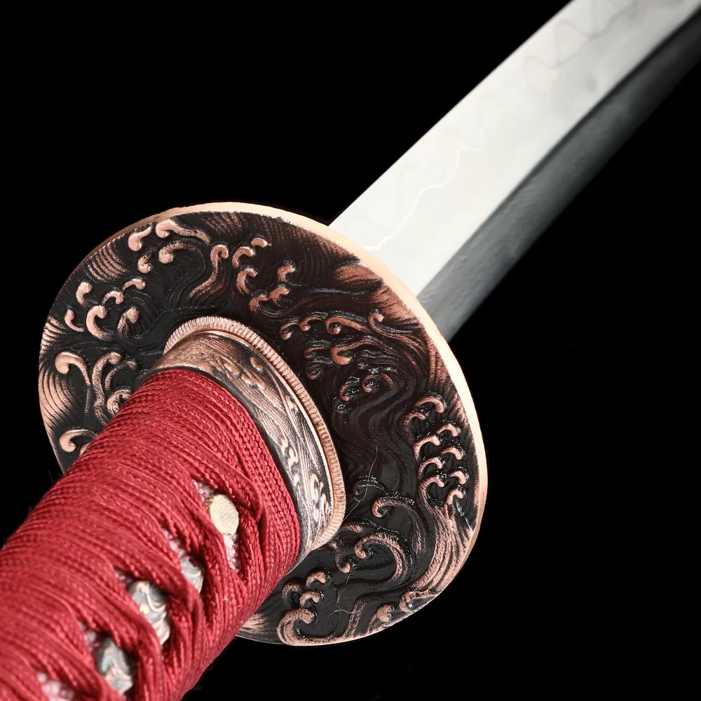 Authentic Katana | Damascus Steel Katana with Wave Tsuba - Red Ito