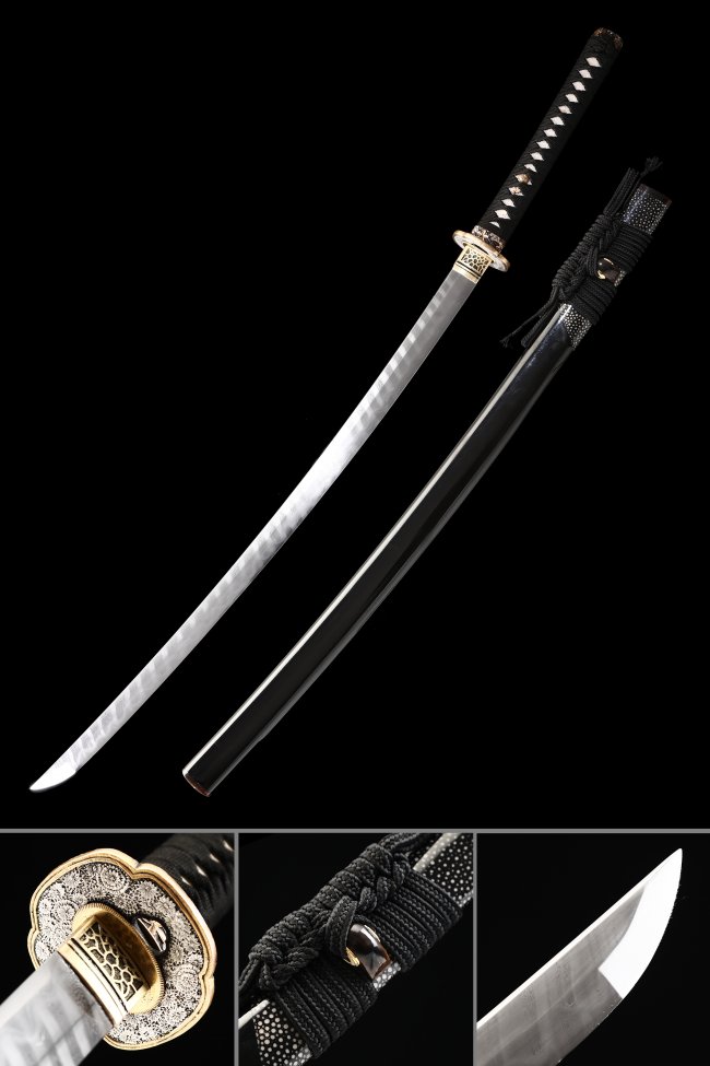 Damascus Steel Katana with Real Hamon - Gold Chrysanthemum Tsuba, Black Piano Lacquer Saya