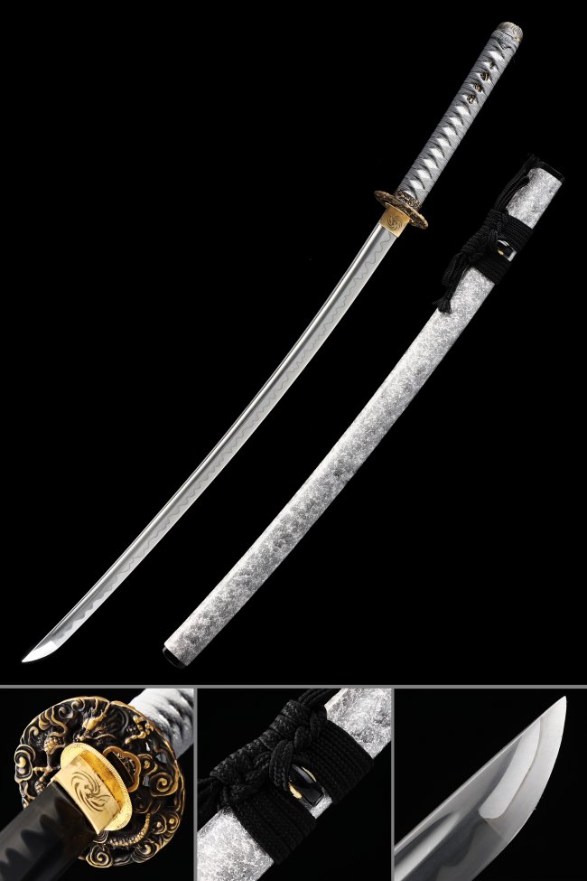 T10 Folded Clay Tempered Steel Katana with Dragon Tsuba in White Textured Saya - Gray Ito Full Tang Sword