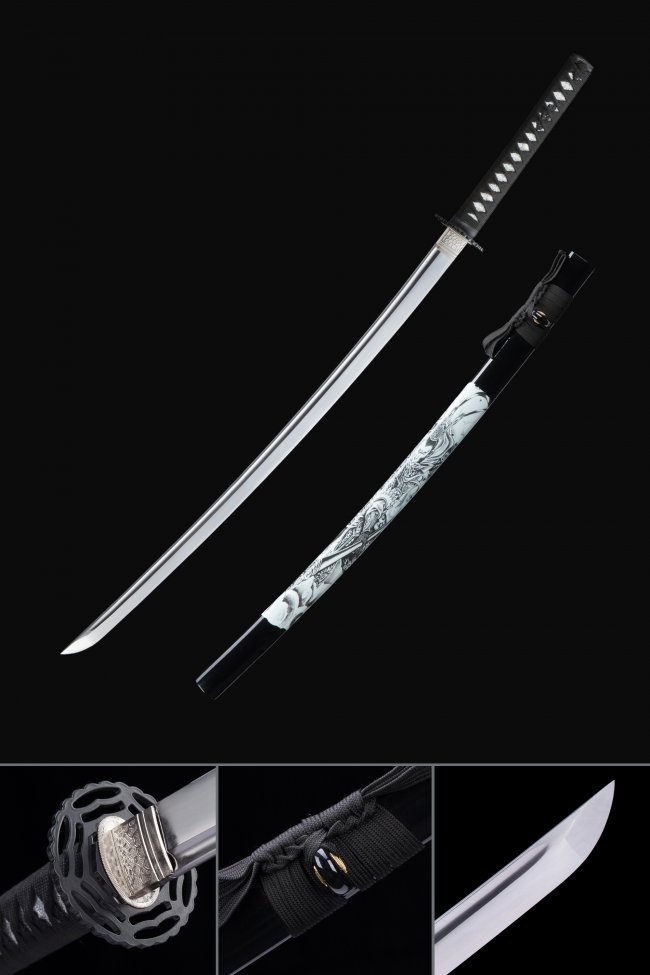 Manganese Steel Katana with Dragon Engraved White Hardwood Saya - Black Geometric Tsuba Full Tang