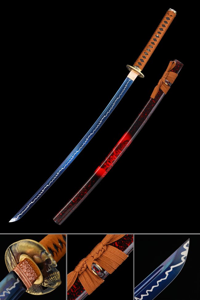 1095 Carbon Steel Katana with Blue Blade, Gold Skull Tsuba in Brown Ito Wrap