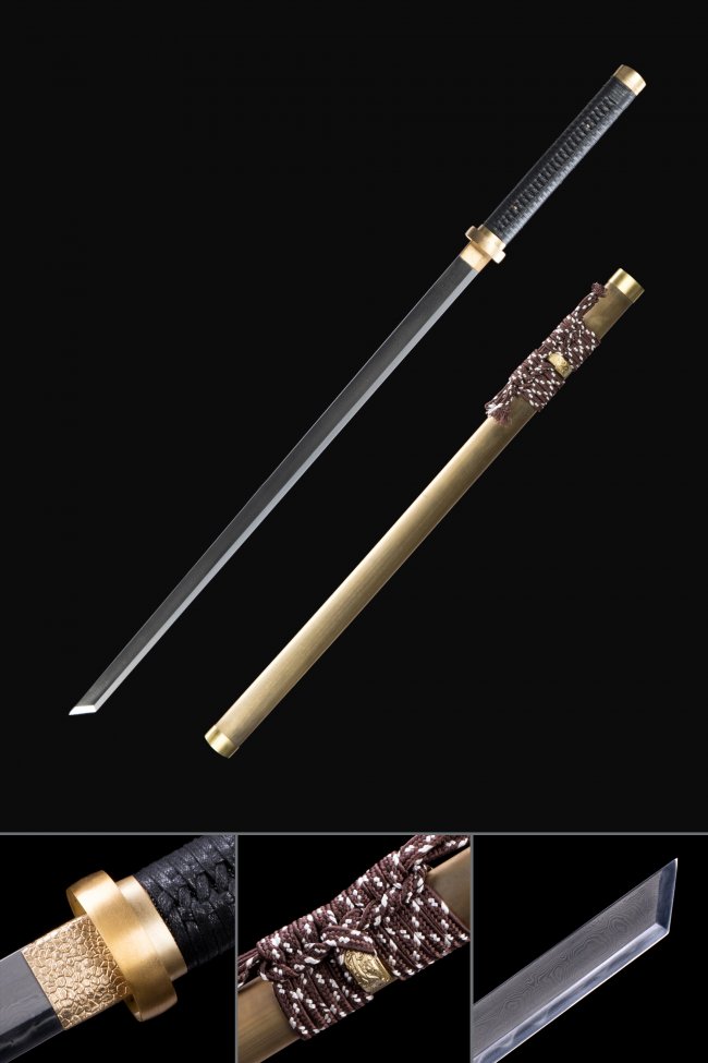Damascus Steel Chokuto Ninjato with Gold Hardwood Saya - Black Tsuka, Bronze Tsuba