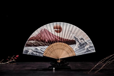 Traditional Japanese Folding Silk Hand Held Fan With Bamboo Frame