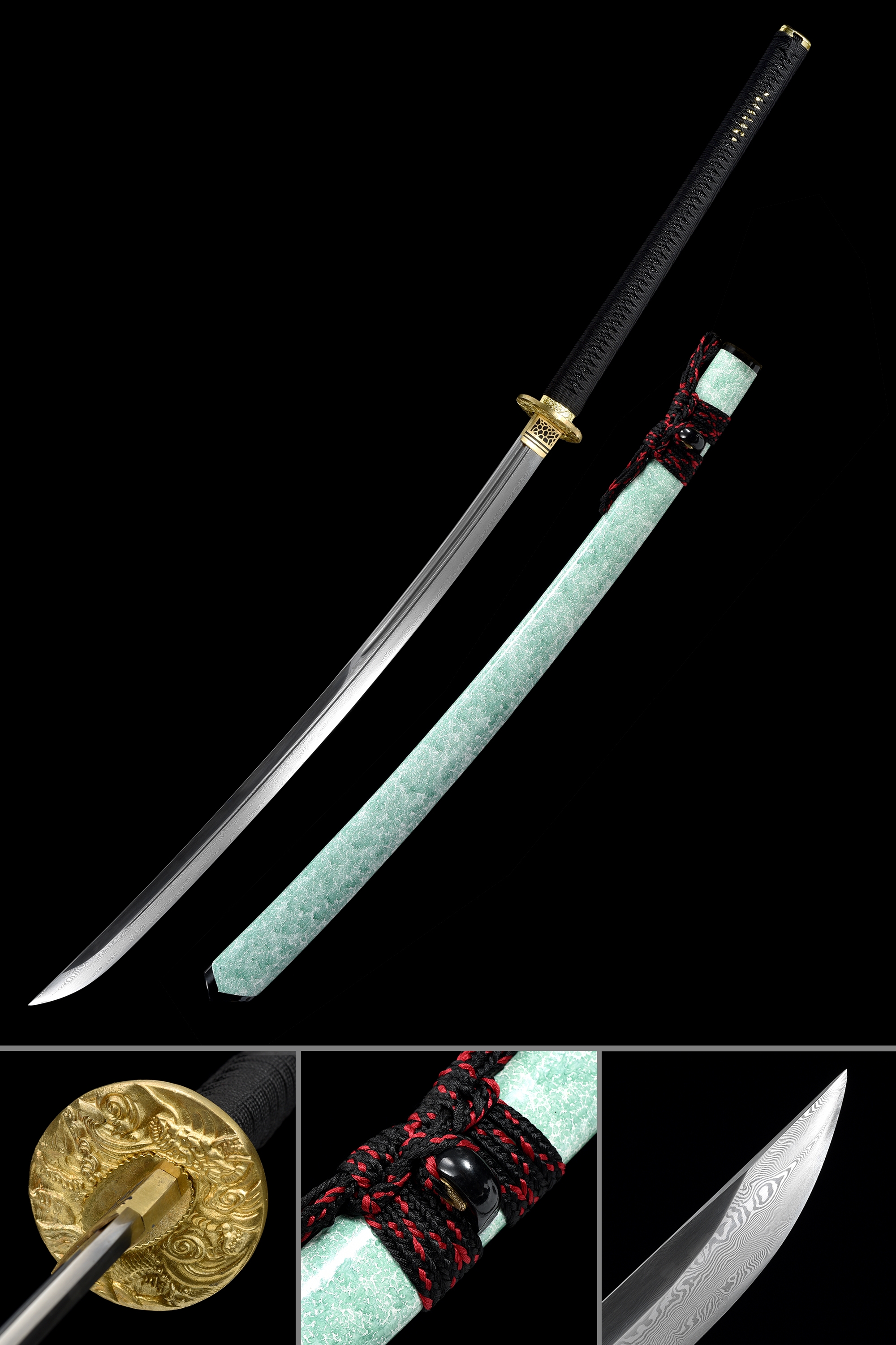 Handmade Japanese (風雲海龍) Naginata Sword Pattern Steel With Green Saya