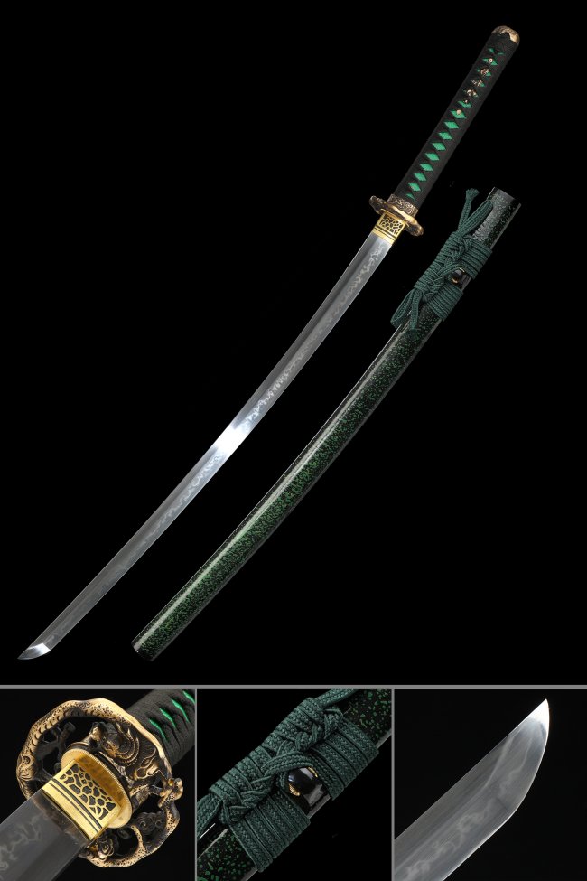 T10 Carbon Steel Katana with Real Hamon in Dark Green Lacquer Saya - Dragon Tsuba