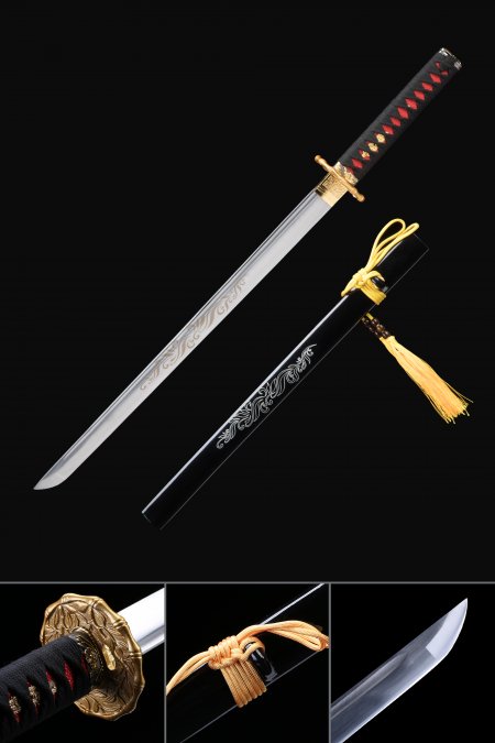 Straight Black Katana, Handmade Carbon Steel Real Japanese Samurai Ninja Swords