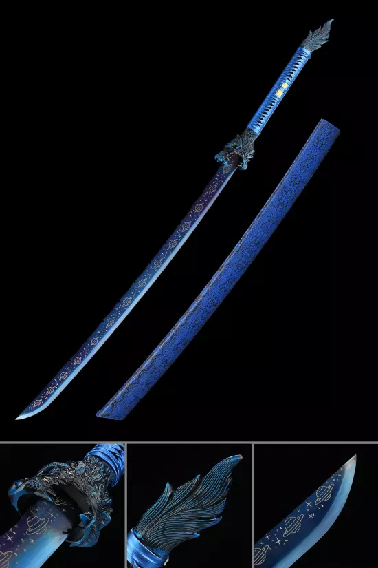 Handmade Japanese Katana Sword With Blue Blade And Tiger Tsuba