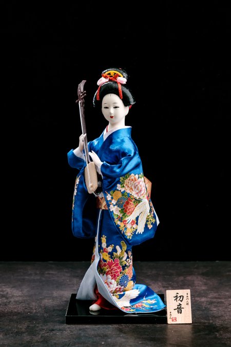 Traditional Japanese Geisha Doll With Blue Kimono