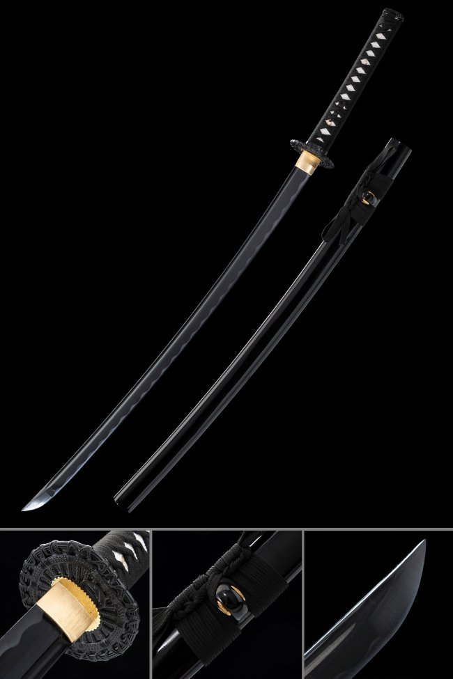 1060 Carbon Steel Katana with Black Blade, Ornate Scroll Iron Tsuba in Black-Gold