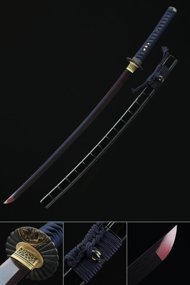 Manganese Steel Katana with Dark Blue Blade, Dragon Tsuba in Gold-Black, Blue Ito Wrap