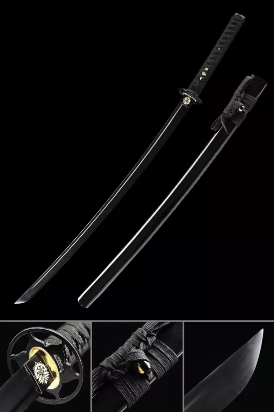 Handmade Japanese Samurai Sword Full Tang With Black Blade And Scabbard