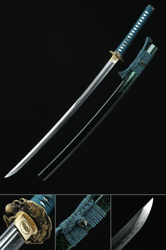 T10 Folded Clay Tempered Katana with Teal Ito Wrap and Green Sparkle Saya - Snake Tsuba Full Tang Sword