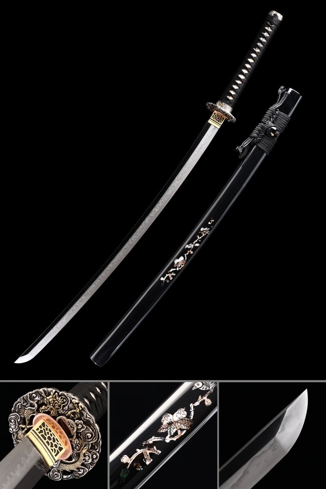 T10 Folded Clay Tempered Katana with Real Hamon in Black Saya with Gold Silver Gilding and Snake Tsuba