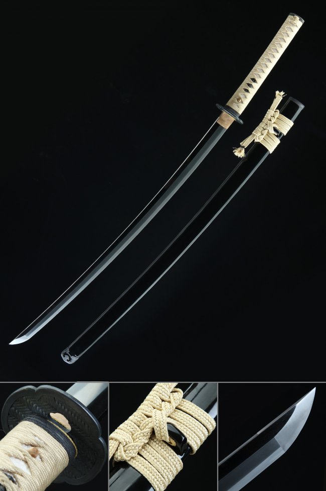 Tamahagane Steel Katana with Clay-Tempered Blade, Black Saya & Beige Ito Wrap