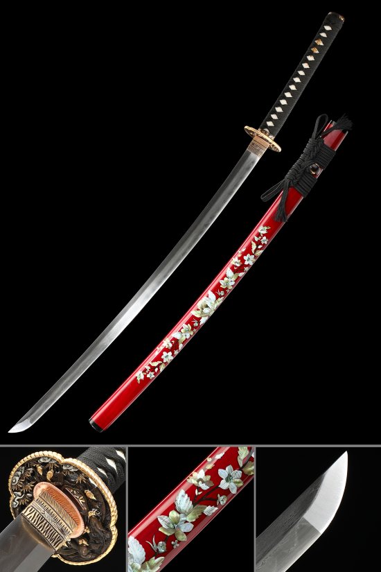 Damascus Steel Katana with Red Lacquer Cherry Blossom Saya - Black Ito, Gold-Black Tsuba