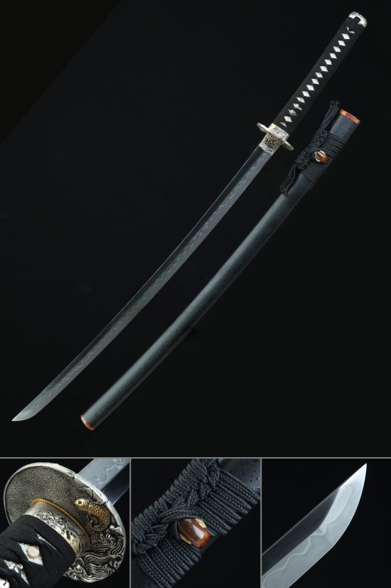 Phoenix Tsuba T10 Carbon Steel Katana, Black Dragon Saya & Black Tsuka