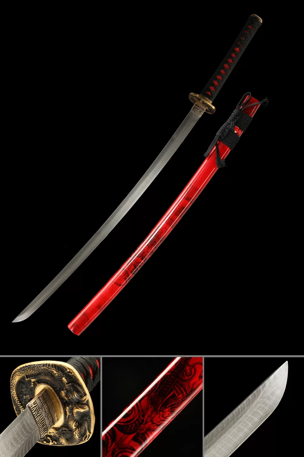 Samurai Sword | Damascus Steel Katana with Red Dragon Lacquer Saya