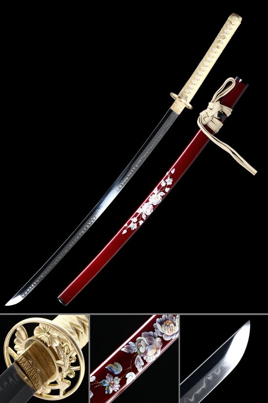 T10 Steel Katana with Hamon Blade in Dark Red Floral Lacquer Saya - White Ito, Gold Chrysanthemum Tsuba