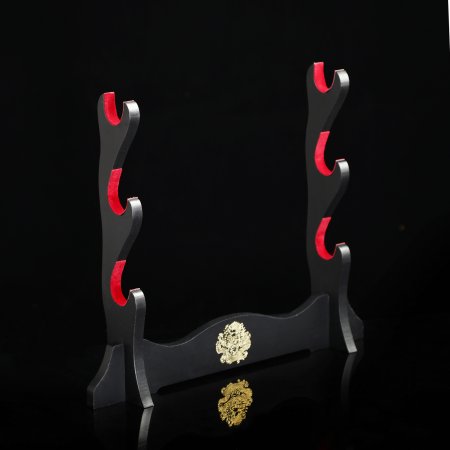 3 Tiers Sword Table Stand Holder Display 3-layer Rack Base Black Lacquered Wood With Red Felt