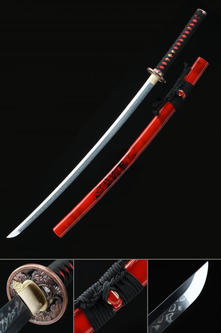 Handmade Japanese Katana Sword T10 Folded Clay Tempered Steel With Red Scabbard