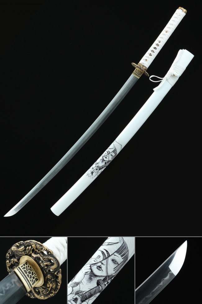 T10 Folded Clay Tempered Katana with Real Hamon - White Saya with Manga Art and Dragon Copper Tsuba