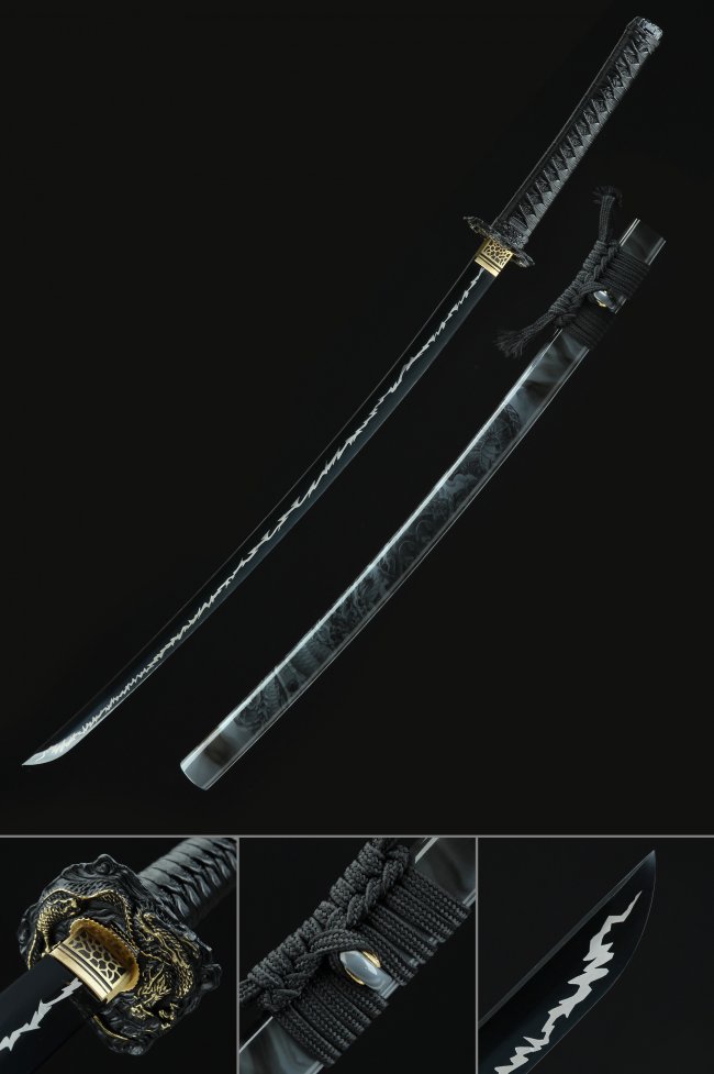 Black Blade Katana in Spring Steel with Dragon Tsuba and Lightning Hamon - Collectible Sword