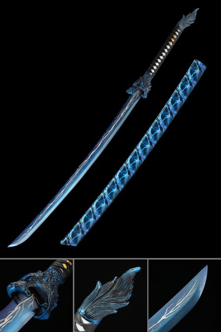 Blue Modern Katana, Handmade Japanese Katana Sword With Blue Lightning Blade And Leopard Tsuba