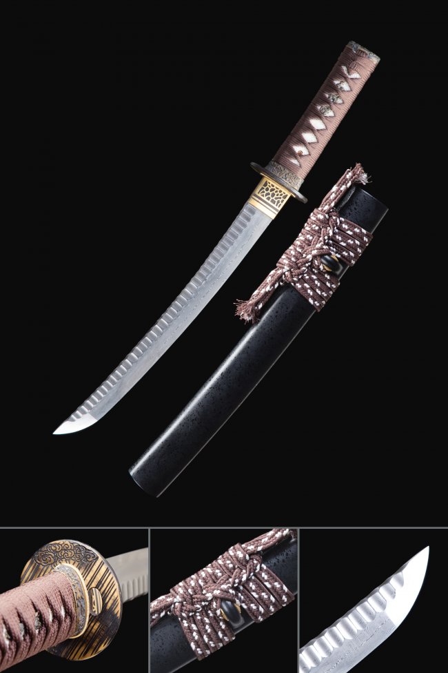 Damascus Steel Tanto with Black Lacquer Saya in Brown Cord & Gold-Black Tsuba