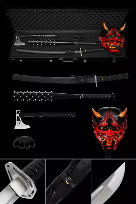 Japanese Wakizashi Sword Set, Including Spiked Mace, Axe, Demon Mask And Boxer Beast Defense