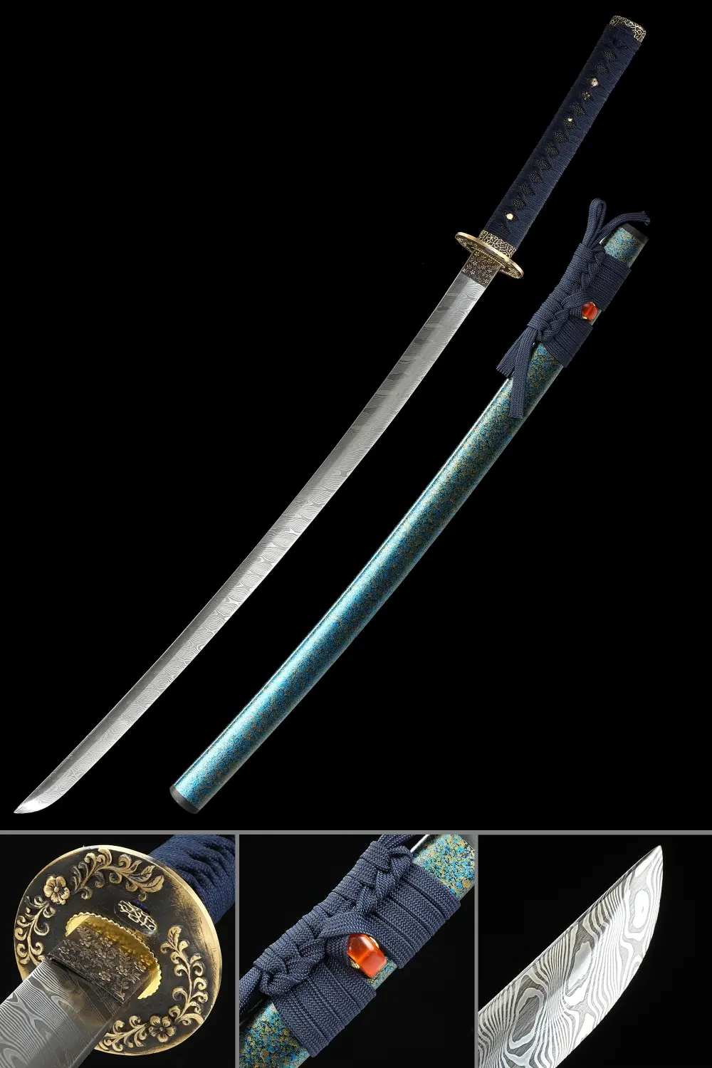 Damascus Katana | Damascus Steel Katana with Teal Lacquer Saya